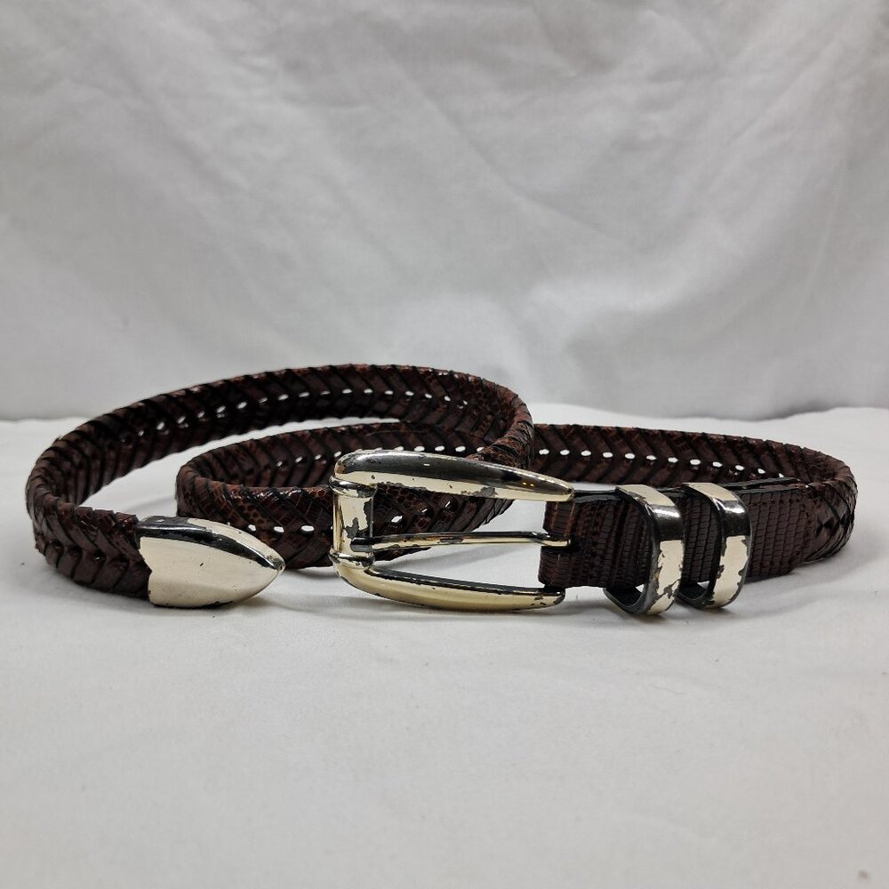 Cale Braided Leather Brown Belt with Silver Tone Hardware Made in Spain
